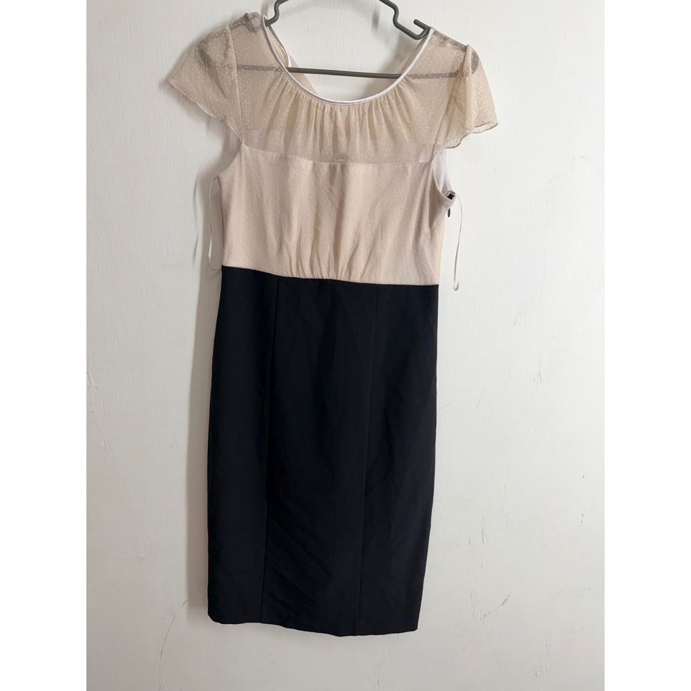 Sangria Women Sheath Dress Size 6 Black Cream Swiss Dot Mesh Cap Sleeve Career